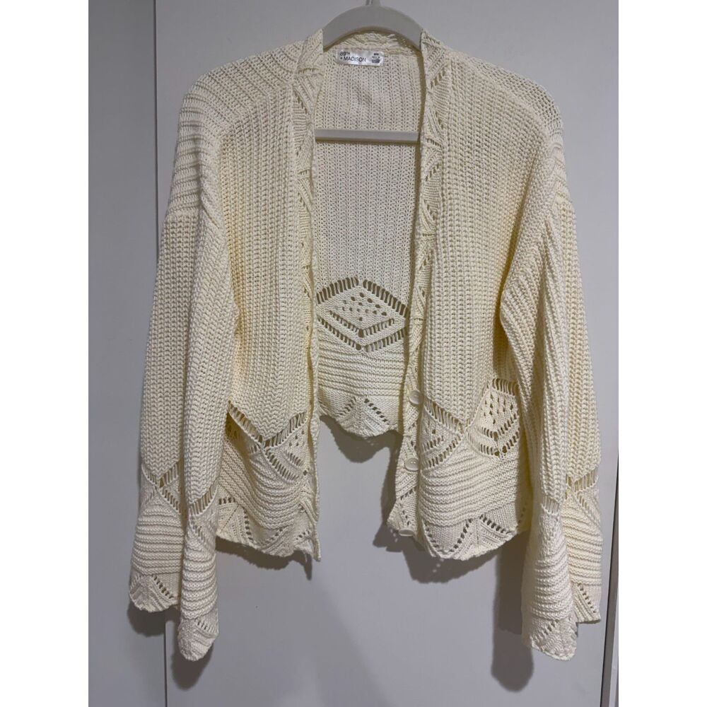 89th + Madison Cream Open Crochet Pointelle Knit Open Front Cardigan Size M